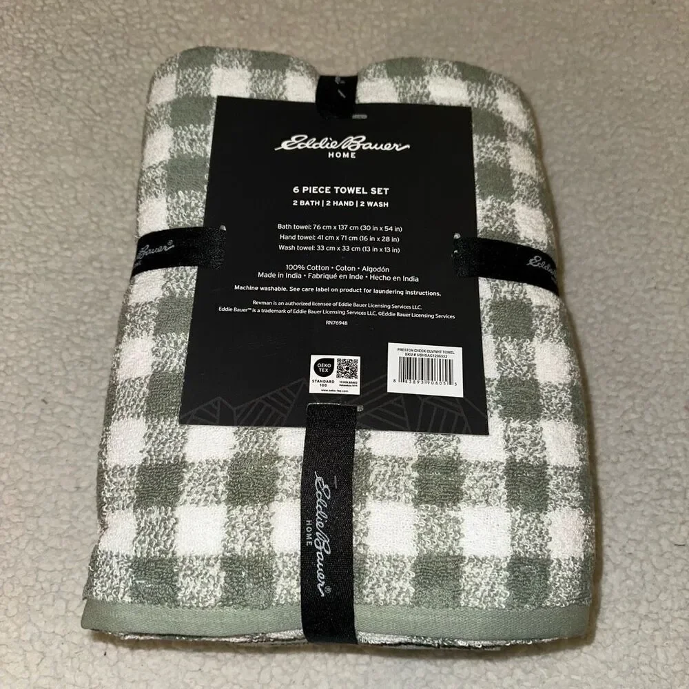 Eddie Bauer Bath Towel Set Preston Check Olive Green White Plaid NWT